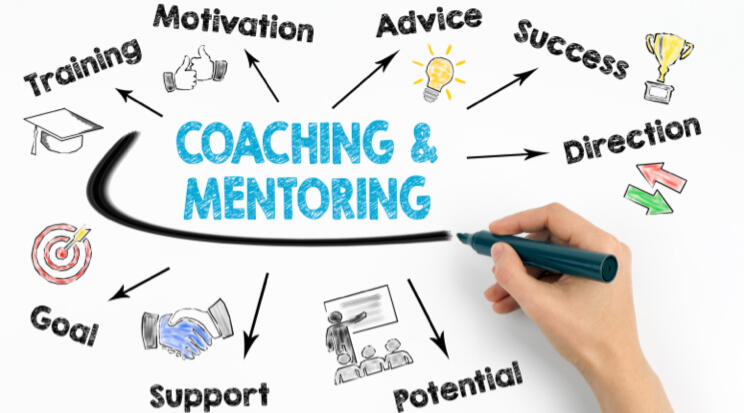Illustration showing coaching and mentoring concepts like goal, support, potential, and success for leaders seeking clarity.